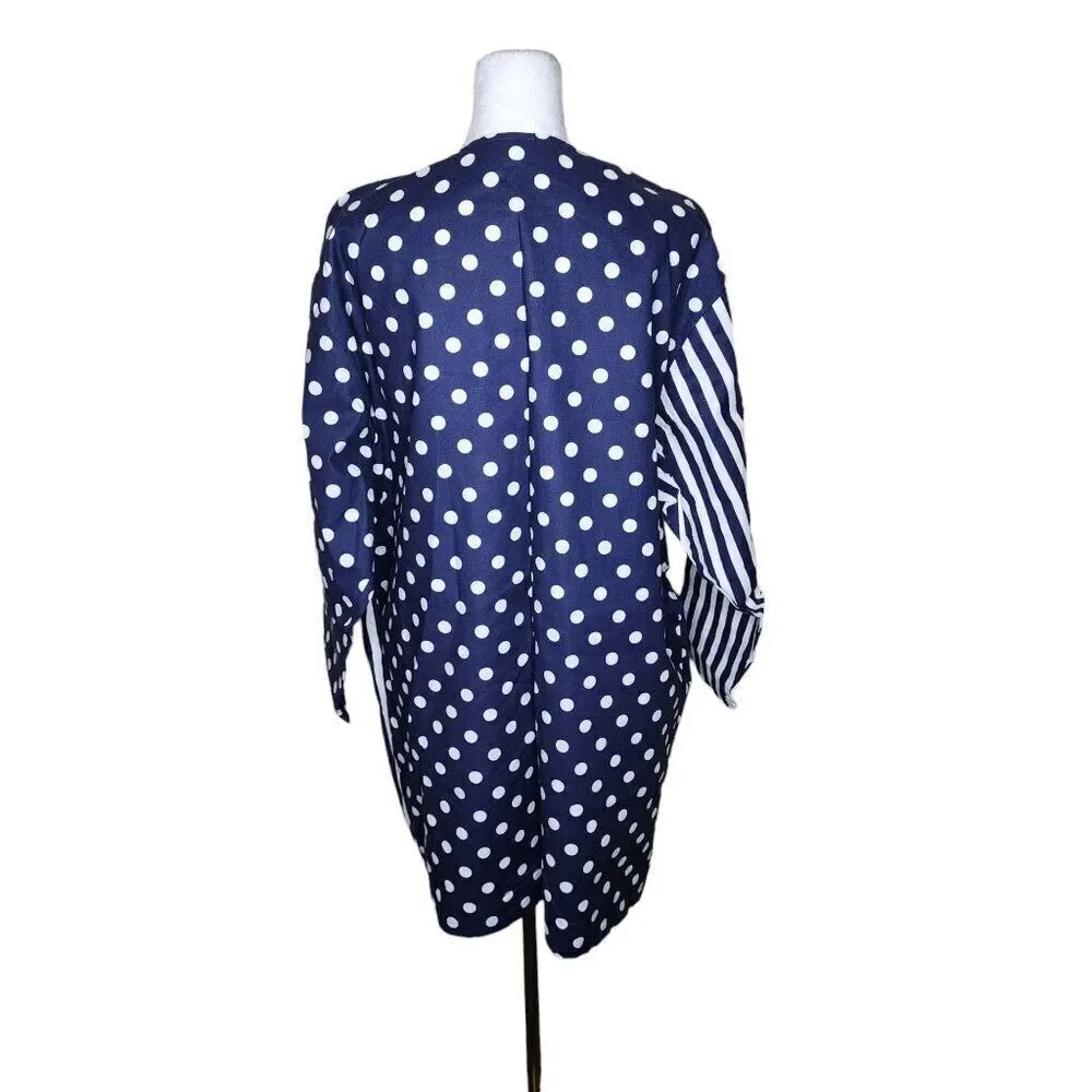 Vintage 80s Catalina Cabana Cover Up Tunic Top Women Size M Blue Polka Dot Strip